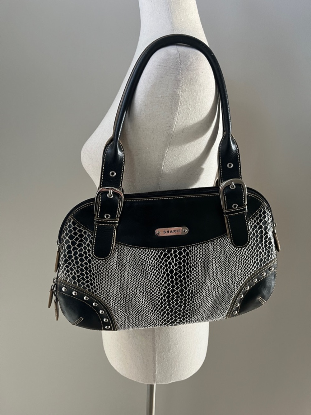 Sharif Studio Snakeskin Embossed Shoulder Bag Studded Animal Print Lining